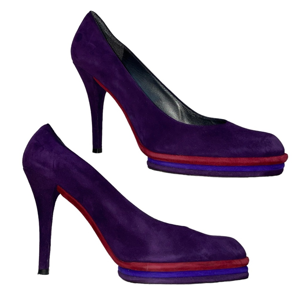 Stuart Weitzman sz 10M Purple Suede Stacked Platform Pump gently used